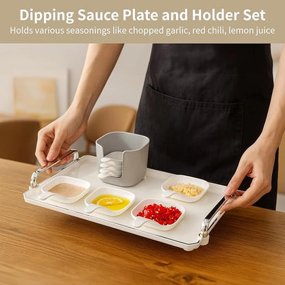 4 Set Dipping Sauce Plate and Holder Set, Plastic Dipping Dish with Storage Box, Mini Dipping Bowls with Handle for Ketchup, Soy, Barbecue, Condiments, Snacks, Fruits, Party
