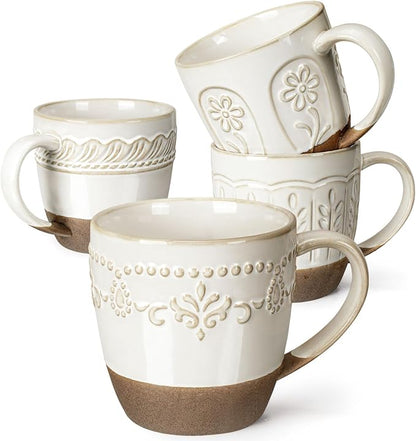 Artena Ceramic Coffee Mugs Set of 4, 16oz Embossed Large Latte Mugs Coffee Cups by Artena
