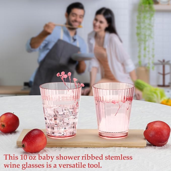 48 PCS Plastic Ribbed Drinking Glasses Pink 10oz Vintage Ripple Stemless Wine - Image 5