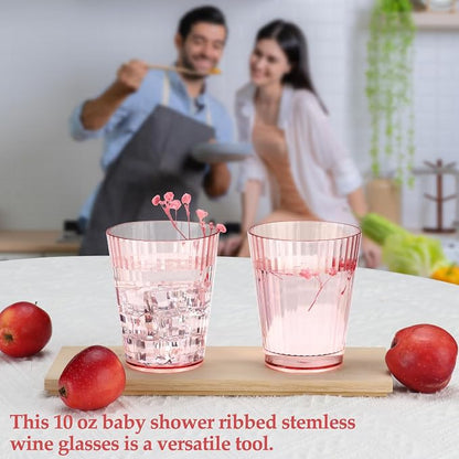 24 PCS Plastic Ribbed Drinking Glasses Pink 10oz Vintage Ripple Stemless Wine - Image 5
