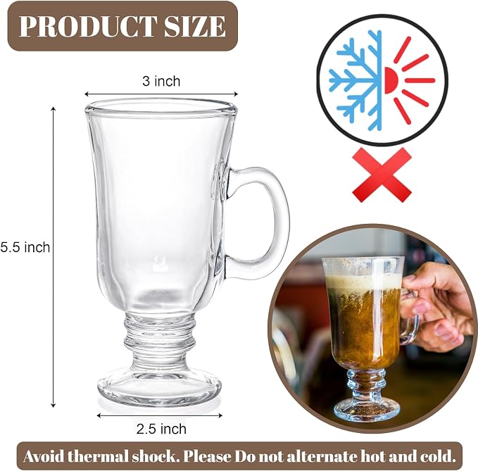 ZENFUN Set of 6 Irish Coffee Mugs, 8 Oz Glass Footed Espresso Cups - Image 2