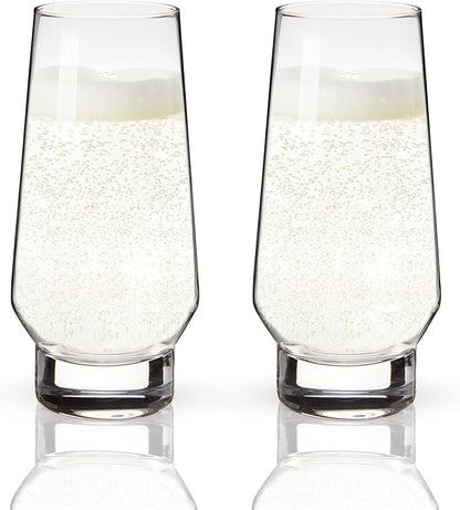 Viski Weighted Stemless Champagne Flutes - Modern Crystal Wine Martini Mimosa Cocktail Glasses Round Footed Base, Bar Fluted Glassware, Housewarming Wedding Champagne Gift - Set of 2, 9.5oz, Clear