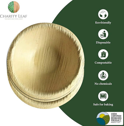Charity Leaf Disposable Palm Leaf 2.5" Round Mini Bowl (400 pcs) Dipping Bowls | Bamboo Like| All Natural and Biodegradable | Charcuterie Boards, BBQs, and Parties