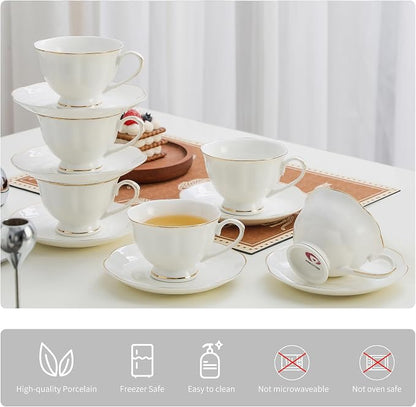 6oz Porcelain Tea Cup & Saucer Set of 6, Party | Elegant white ceramic - Image 3