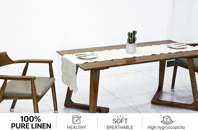 100% Natural Linen Rustic Scalloped Embroidery Table Runner 108 Inches Long - Image 2