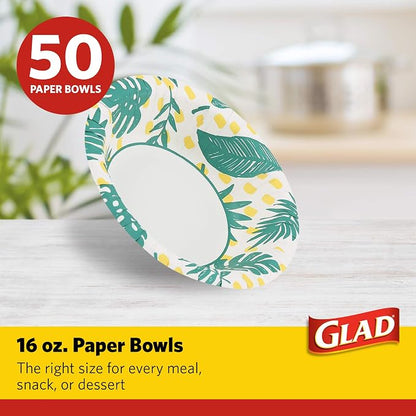 Glad Round Disposable Paper Bowls, Palm Leaves Pattern, 16 Oz, soak-proof and - Image 2