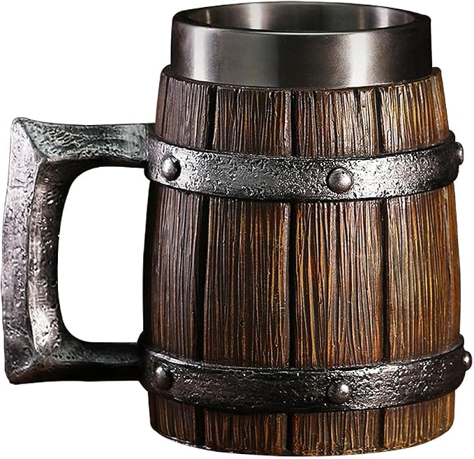Nordic Viking Mug, pirate Beer Cup, Wooden Barrel Beer Mug Stainless Steel Liner by KUUBEELAA