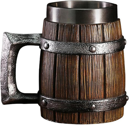 Nordic Viking Mug, pirate Beer Cup, Wooden Barrel Beer Mug Stainless Steel Liner by KUUBEELAA