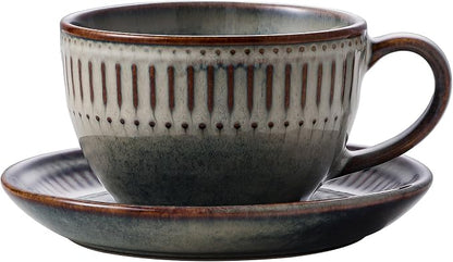 10Oz ceramic coffee cup and saucer sets, elegant striped pattern, unique kiln by Leijosya