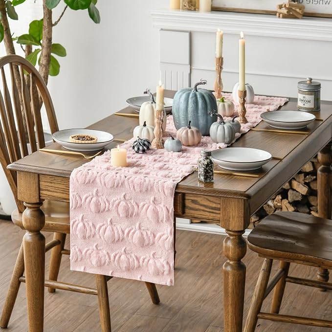 Artoid Mode Pink Soft Faux Fur Pumpkins Fall Table Runner 13x36 Inch | Seasonal - Image 6