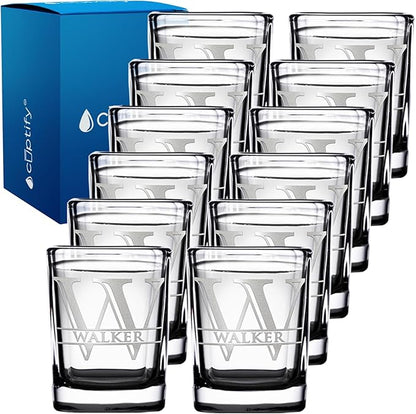 Personalized Square Shot Glasses Set of 12 Black Bottom 2oz Engraved Initial and Name Custom Gifts, Weddings, Birthdays, Party, Event, Decorations