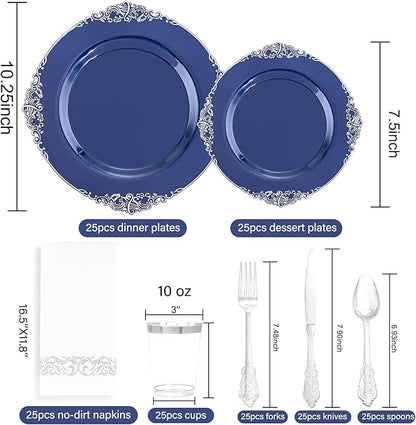 Hioasis 175pcs Blue and Silver Plastic Plates - Elegant Disposable Dinnerware Set Suitable for 25 Guests Include 10.25" Dinner & 7.5" Dessert Plates, Cutlery, Napkins, Cups for Party & Wedding