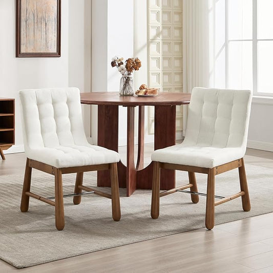 CIMOTA Modern Tufted Dining Chairs Set of 2 for Kitchen, Farmhouse White Linen Fabric Kitchen & Dining Room Side Chairs with Cushion Back, Oak Wooden Frame, Thickened Upholstered