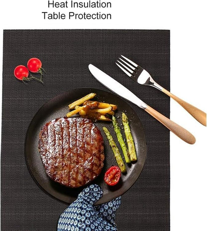 Black PVC Placemat Set of 1/6/10 Square Bamboo Tableware Pad Heat Wipe Clean - Image 5