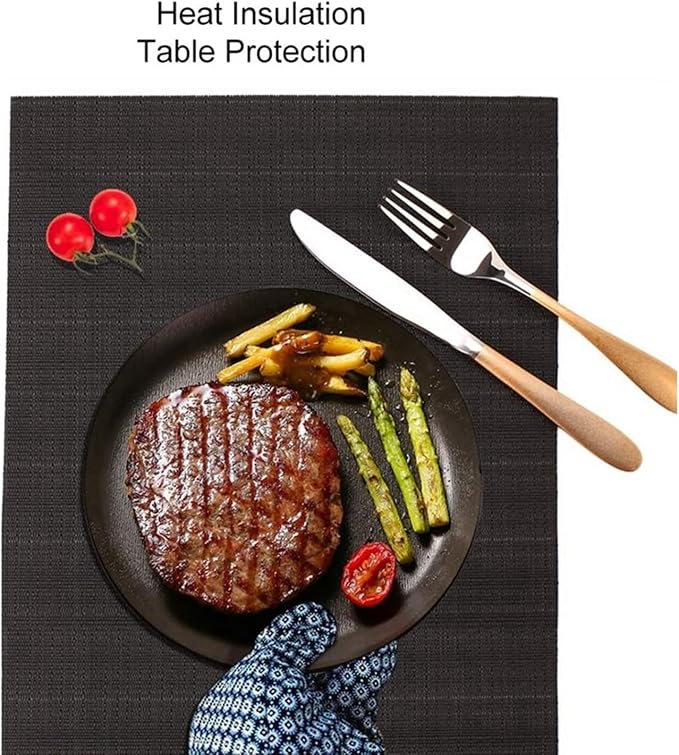 Black PVC Placemat Set of 1/6/10 Square Bamboo Tableware Pad Heat Wipe Clean - Image 5