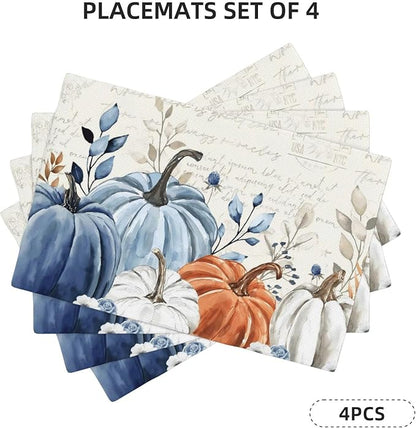 Fall Placemats Set of 4 Blue Orange Pumpkin Leaves Decor Place Mats 12x18 Inch Autumn Leaf Harvest Thanksgiving Decorative Linen Table Mats for Home Kitchen Dining Party Table Decoration