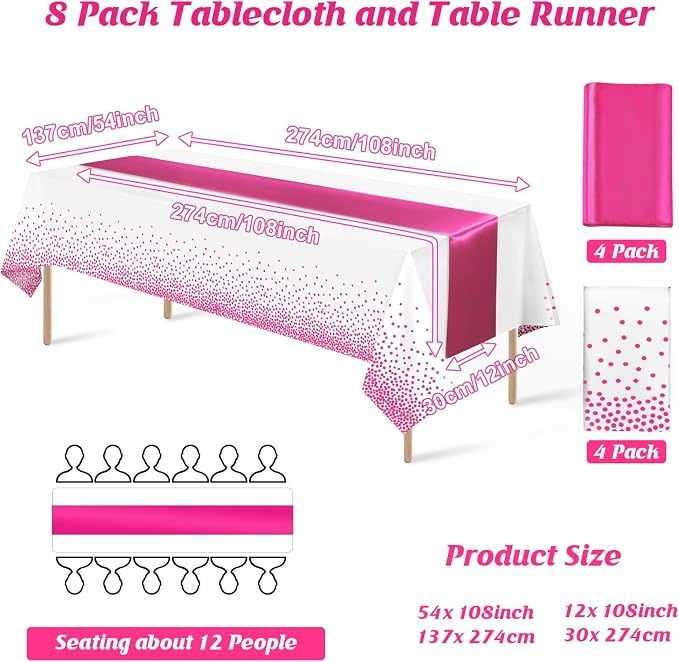 MASHAN 8Pack Disposable Plastic Party Tablecloths & Satin Table Runner Set - Image 2