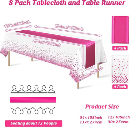 MASHAN 8Pack Disposable Plastic Party Tablecloths & Satin Table Runner Set - Image 2