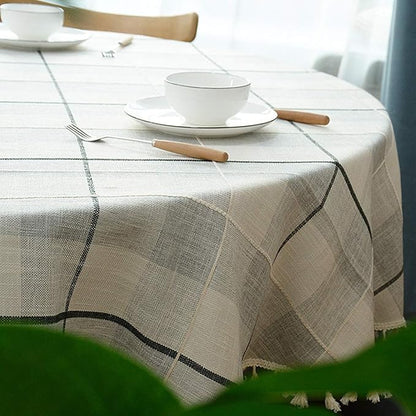 Dimatic Heavy Weight Cotton Linen Tablecloth, Plaid Tassel Round Table Cover for Kitchen Dining Room Tabletop Decorations, Round - 63", Grey Check