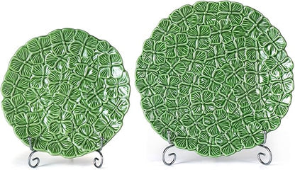KAMMAK Ceramic Decorative Plate Set of 2, Porcelain Plates for Kitchen Dining Room Wine Cabinet Home Decor, Vintage Collector Plates with 2 Display Stand, Green Flowers (8-inch + 10-inch)