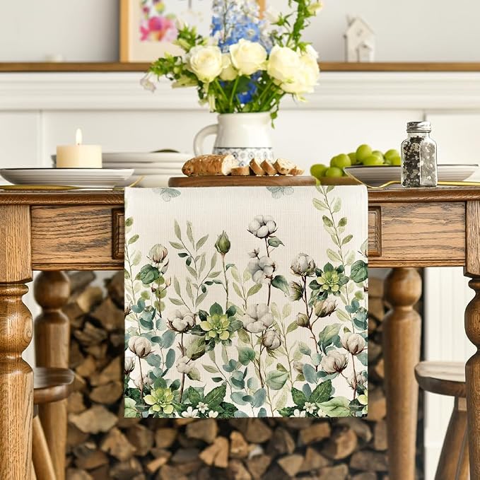 Artoid Mode Cotton Plant Leaf Butterfly 210 GSM Spring Table Runner, Seasonal - Image 2