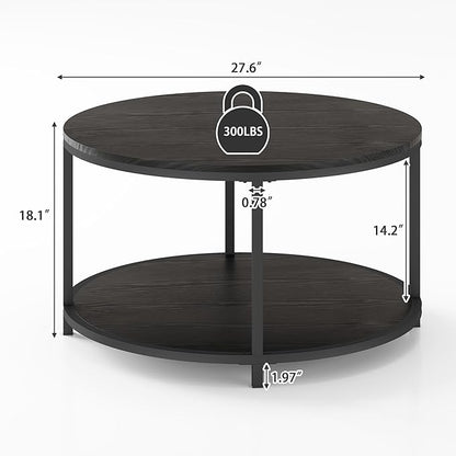 NSdirect Round Coffee Table, 27.6" Small Coffee Table for Living Room,2-Tier Rustic Wood Desktop with Storage Shelf Modern Design Home Furniture(Black)