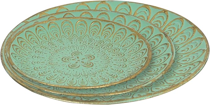 Rustic Round Decorative Tray Set of 3 Vintage Hammered Metal Trays Distressed Design Circle Candle Plate for Candle Coffee Entryway Table Kitchen Bathroom Wedding Party Counter Organizer Decor (Green)