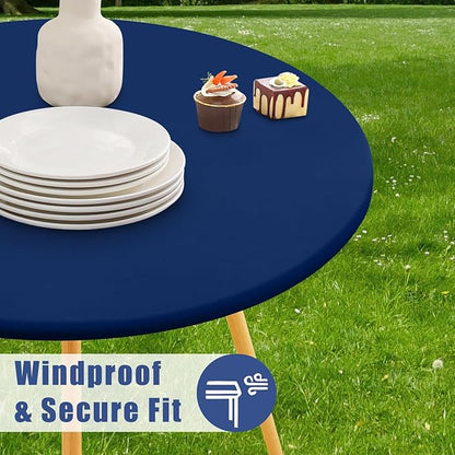 Round Spandex Tablecloth 2 Pack, Elastic Fitted Waterproof Tablecloths for 18"-24" Tables, Stretch Washable Picnic Table Cover for Camping, Dining, Indoor and Outdoor, Navy