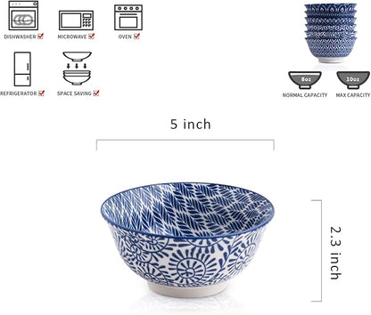 Selamica Porcelain 11oz Ice Cream Bowls Set of 6, Small Bowls, Ceramic bowls for Dessert, Ice Cream, Vintage Blue