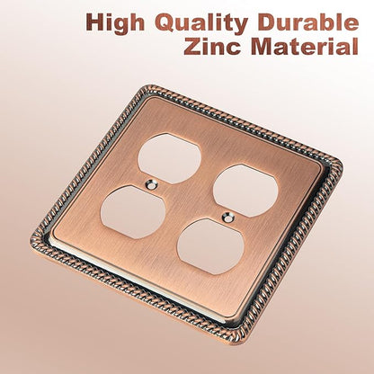 Henne Bery Rope Edge Decorative Wall Plate Switch Plate Outlet Cover (Double Duplex, Antique Copper)