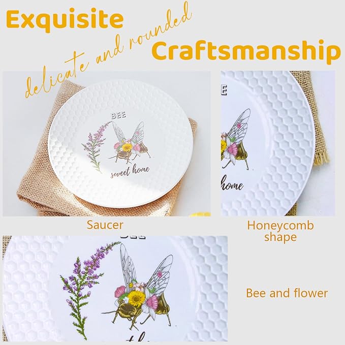 2 PCS Tea & Coffee Saucers, Honey Bee Pattern Ceramic Tea Plates Round Cup - Image 4