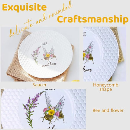 2 PCS Tea & Coffee Saucers, Honey Bee Pattern Ceramic Tea Plates Round Cup - Image 4