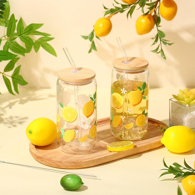 Sliner 2 Pcs Lemon Glass Cups Summer Drinking Tumbler 16 oz Iced Coffee Cup - Image 2