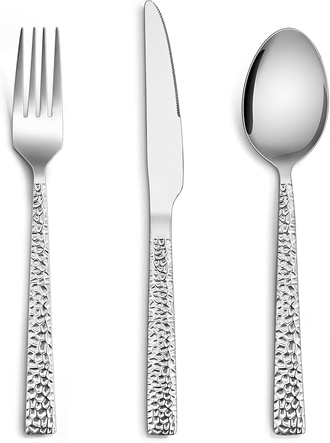 E-far 12-Piece Hammered Silverware Set, Stainless Steel Flatware Set by E-far