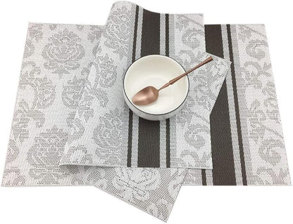 Gugrida Silver Placemats Dining Table, Heat-Resistant Placemats Stain Resistant Anti-Skid Washable PVC Table Mats Woven Vinyl Placemat, Set of 6