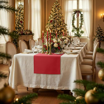 D'Moksha Homes Linen Bright Red Table Runner 84 Inches Long - 100% Pure Linen 14 x 84 Inch Table Runner for Dining, Valentines, Spring, Easter - Machine Washable