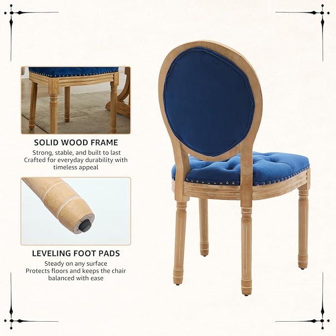 Vintage French Dining Chairs Set of 8, Round Back Velvet Upholstered Accent Chairs with Nailhead Trim and Solid Wood Frame, Elegant Sillas de Comedor for Dining Room & Kitchen, Blue