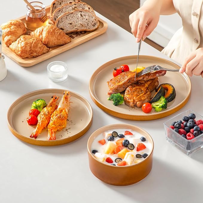vancasso ONION Ceramic Plates and Bowls Sets, 24 Pieces Brown Dinnerware Sets - Image 5