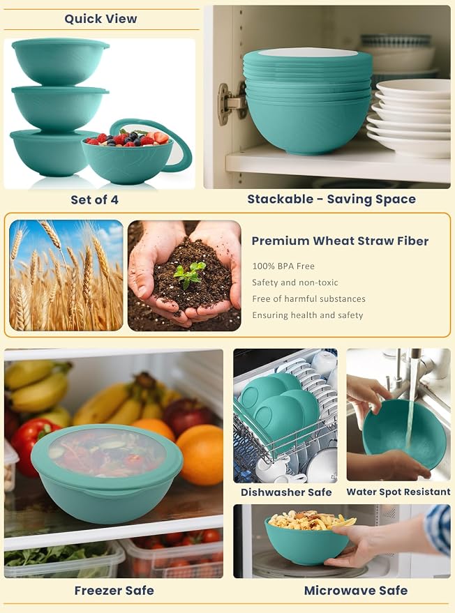 Bowls with Lids, Wheat Straw Bowl Set of 4-40 OZ Cereal Bowls and Silicone Edge - Image 5