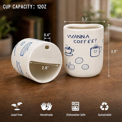 Ceramic Travel Mug with Half Lid, Funny Blue Pattern Ceramic Coffee Mug with - Image 5