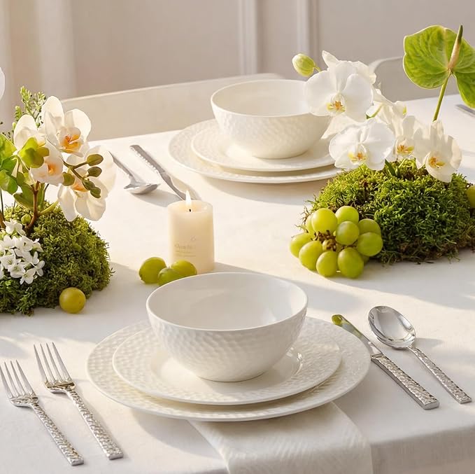 12Pcs Hammered Rim White Bone China Set, Service - Image 8