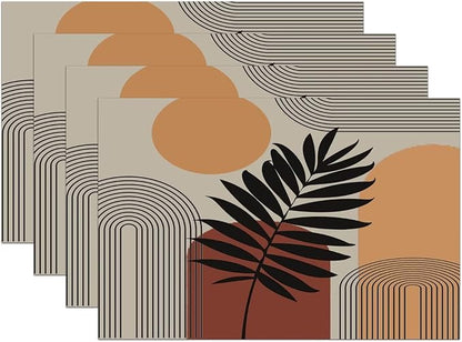 Art Boho Mid Century Placemats, Sun Brown Leaves Rainbow Color Blocks Modern Washable Place Mats 12x18Inch for Dining Kitchen Farmhouse Decor 6 PCS