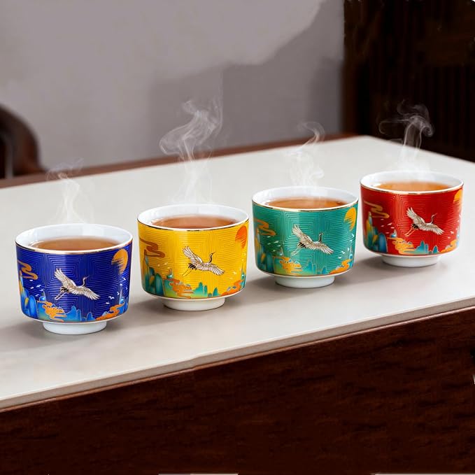 Chinese Tea Cups Set of 4, Crane Pattern Enamel Ceramic Cup, 4.3 oz | Handleless - Image 2