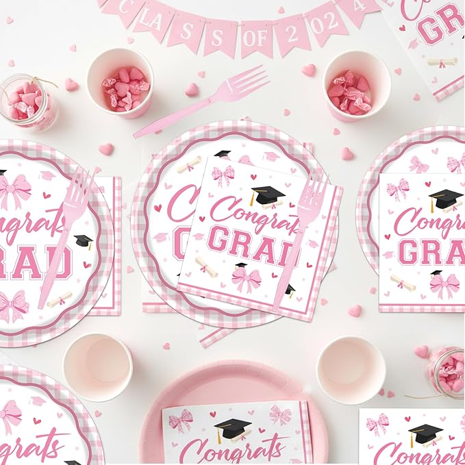 Rakuto Pink Graduation Decorations 2026, 2026 Graduation Pink Bow Themed Forks - Image 5