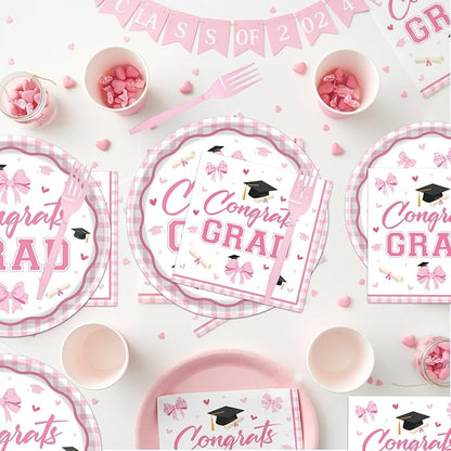 Rakuto Pink Graduation Decorations 2026, 2026 Graduation Pink Bow Themed Forks - Image 5