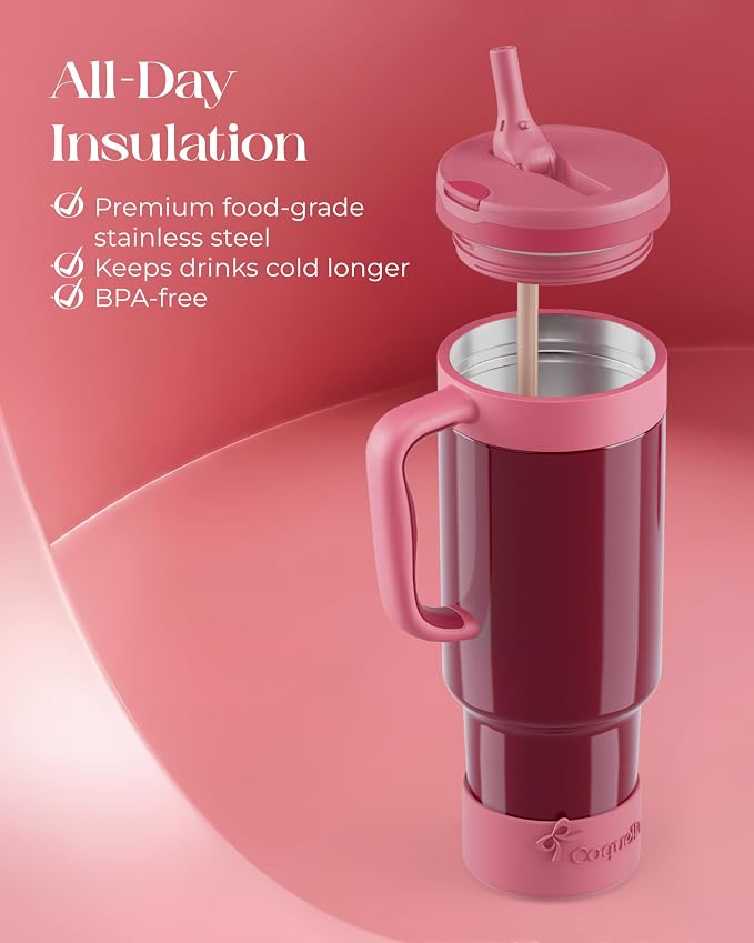 40 oz Insulated Tumbler with Handle and Push-Button Straw Lid, Stainless Steel - Image 4