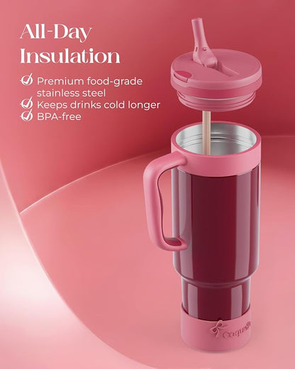 40 oz Insulated Tumbler with Handle and Push-Button Straw Lid, Stainless Steel - Image 4