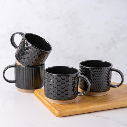 GBhome 12 OZ Stackable Coffee Mugs Set of 4, Ceramic Black Coffee Cups Set | 4 by GBhome