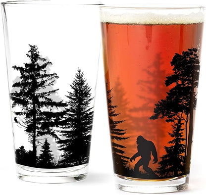 Pint Glasses by Black Lantern – Beer Glasses for Craft Beer Enthusiasts - Set of Two 16oz. Glasses - Bigfoot in the Forest Cocktail and Drinking Glasses - Bigfoot Lover Gifts