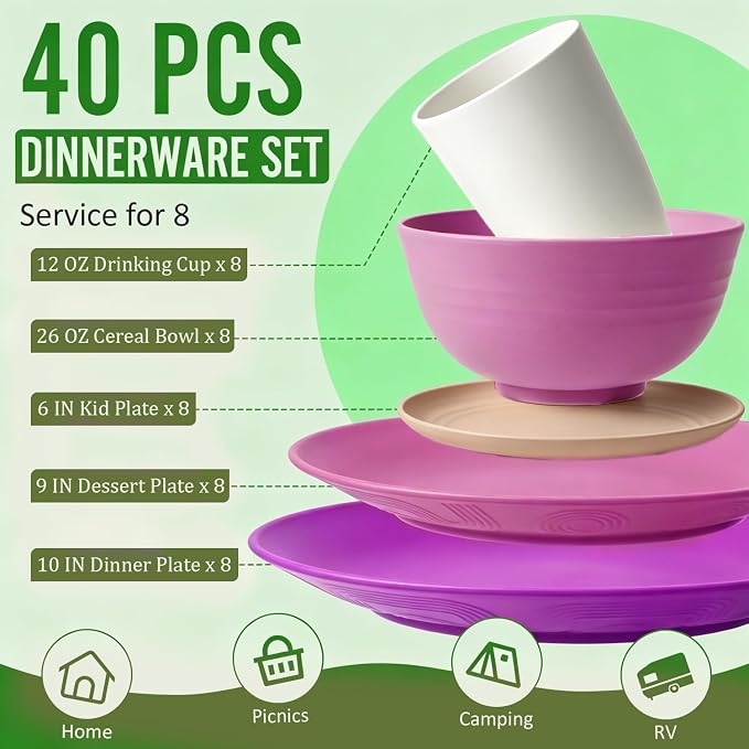 Wheat Straw Dinnerware Sets 40 PCS Bowl and Plate Sets - Image 2